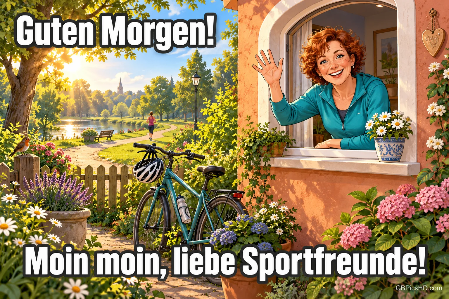 Eine Frau winkt am Fenster neben einem Fahrrad im blühenden Garten zu "Guten Morgen! Moin moin, liebe Sportfreunde!". Eine Frau winkt am Fenster neben einem Fahrrad im blühenden Garten zu "Guten Morgen! Moin moin, liebe Sportfreunde!".
