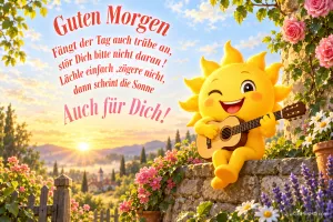 Eine lächelnde Sonne spielt Gitarre auf einer Steinmauer zwischen bunten Blumen neben einem Spruch mit "Guten Morgen".