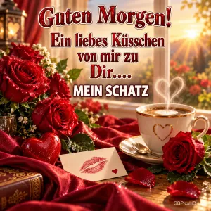 Rote Rosen, eine Kaffeetasse mit Herz und eine Karte mit Kussabdruck begleiten "Guten Morgen!".
