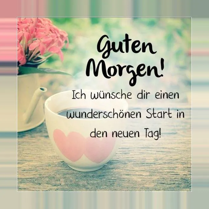 Becher mit Herzmuster und rosa Blumen im Hintergrund, freundliche Morgengrußkarte.