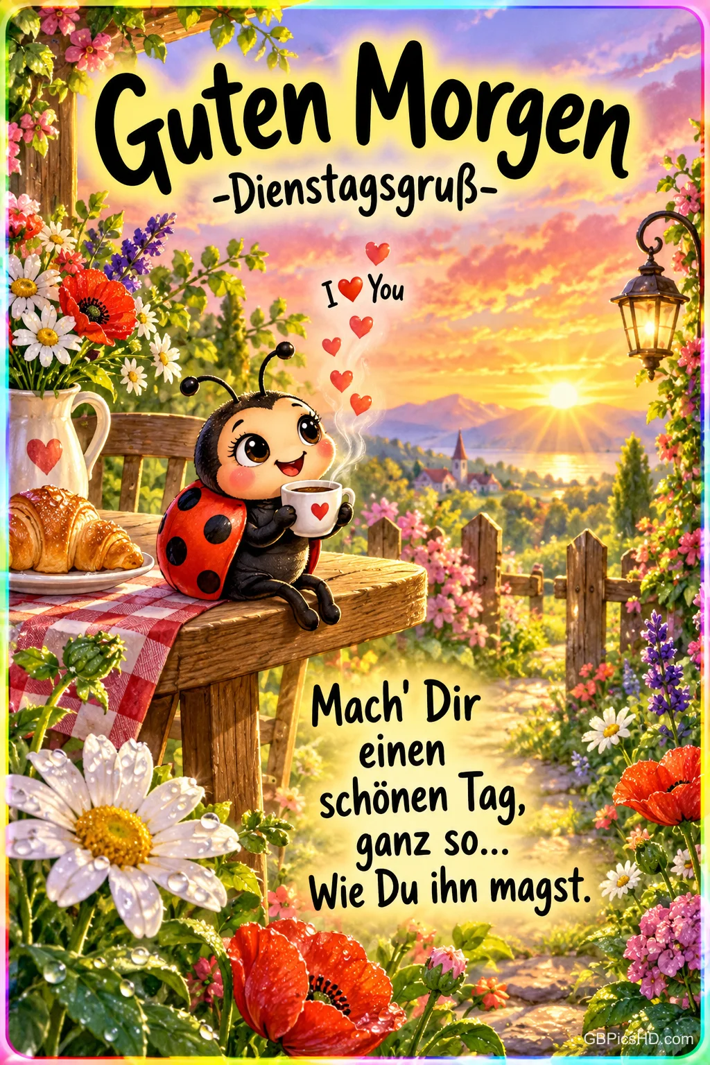 Ein Marienkäfer hält eine Kaffeetasse im blühenden Garten unter "Guten Morgen -Dienstagsgruß-". Ein Marienkäfer hält eine Kaffeetasse im blühenden Garten unter "Guten Morgen -Dienstagsgruß-".