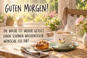 Eine zwinkernde Kaffeetasse und ein Gebäck stehen auf dem Holztisch neben "GUTEN MORGEN!".