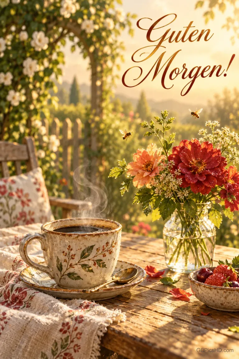 Eine dampfende Kaffeetasse, Blumen in einer Glasvase und eine Schale Beeren stehen im Garten unter "Guten Morgen!".