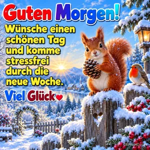 Ein Eichhörnchen mit Tannenzapfen und ein Rotkehlchen sitzen am verschneiten Zaun neben "Guten Morgen!".