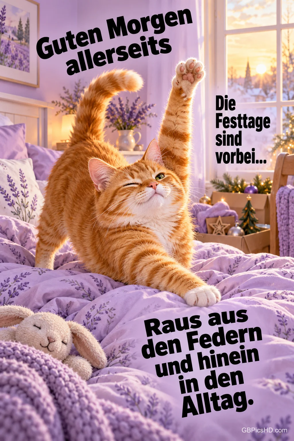 Eine orangefarbene Katze streckt sich auf violetter Bettwäsche unter "Guten Morgen allerseits".