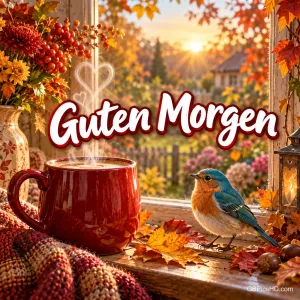 Eine rote Kaffeetasse und ein blau-oranger Vogel stehen zwischen Herbstblättern am Fenster unter "Guten Morgen".
