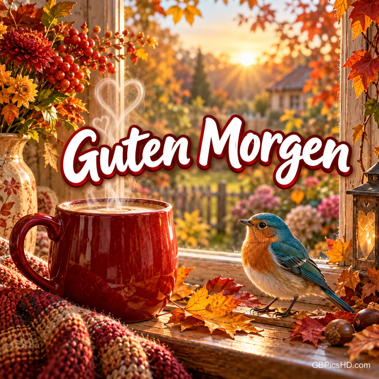 Eine rote Kaffeetasse und ein blau-oranger Vogel stehen zwischen Herbstblättern am Fenster unter "Guten Morgen".