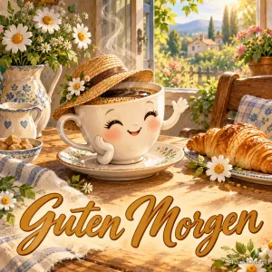 Eine lächelnde Kaffeetasse mit Strohhut winkt neben Croissants und einem Strauß Margeriten über "Guten Morgen".