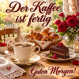 Kaffee, Gebäck, Schokoladenkuchen und rote Rosen stehen auf dem Tisch unter "Der Kaffee ist fertig".
