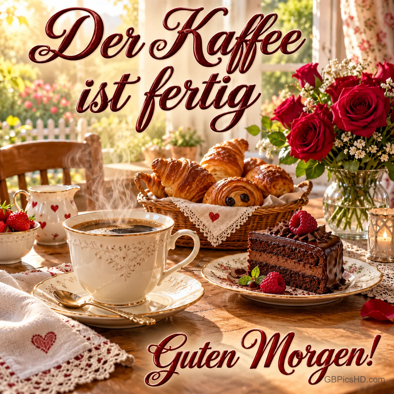 Kaffee, Gebäck, Schokoladenkuchen und rote Rosen stehen auf dem Tisch unter "Der Kaffee ist fertig".