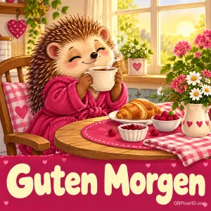 Ein Igel im pinken Bademantel hält eine Tasse am Frühstückstisch mit Croissant, Beeren und Blumen über "Guten Morgen".