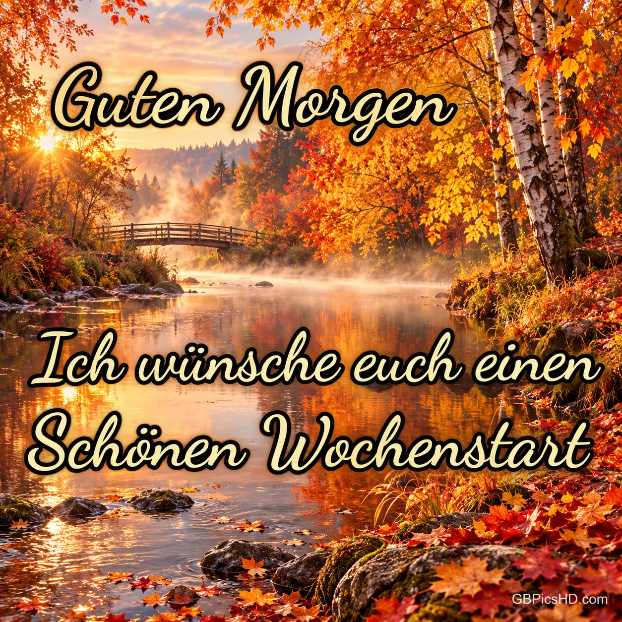 Ein Fluss mit Brücke, Morgennebel und Herbstlaub trägt "Guten Morgen Ich wünsche euch einen schönen Wochenstart".