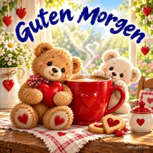 Zwei Teddybären sitzen neben einer roten Kaffeetasse mit Herz und Herzkeksen unter "Guten Morgen".