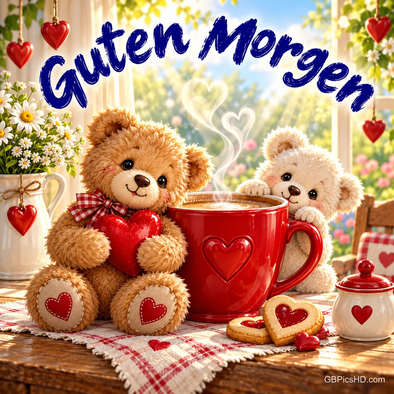 Zwei Teddybären sitzen neben einer roten Kaffeetasse mit Herz und Herzkeksen unter "Guten Morgen".