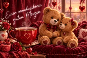 Zwei Teddybären sitzen neben einer roten Tasse zwischen Rosen und Herzen mit dem Gruß "Einen wunderschönen guten Morgen".