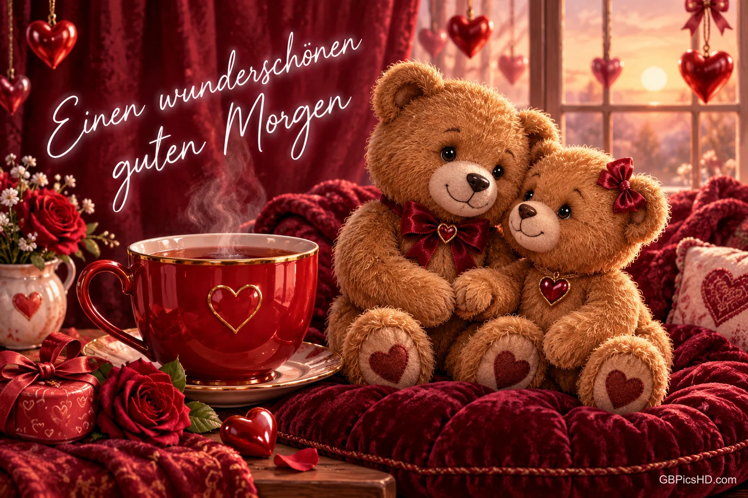 Zwei Teddybären sitzen neben einer roten Tasse zwischen Rosen und Herzen mit dem Gruß "Einen wunderschönen guten Morgen".