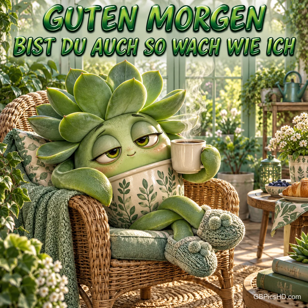 Eine müde Sukkulentenfigur sitzt mit einer Tasse im Korbsessel unter "Guten Morgen Bist du auch so wach wie ich".