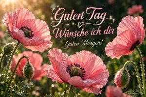 Rosa Mohnblüten mit Tautropfen leuchten im Sonnenlicht neben "Guten Tag wünsche ich dir Guten Morgen!".