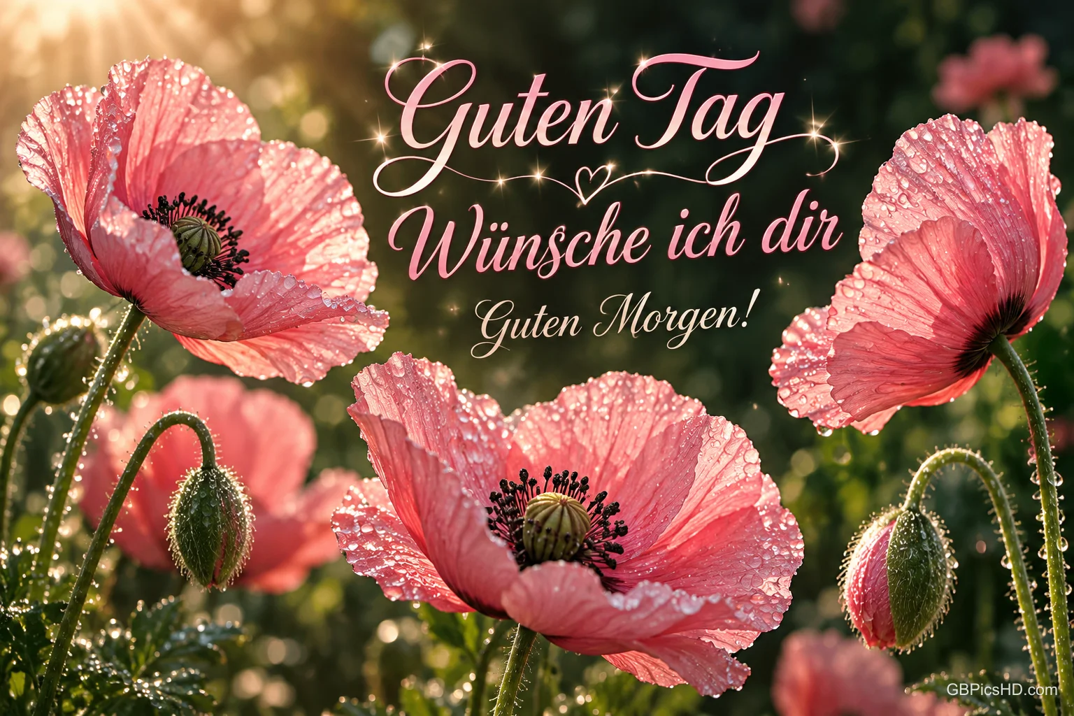 Rosa Mohnblüten mit Tautropfen leuchten im Sonnenlicht neben "Guten Tag wünsche ich dir Guten Morgen!".