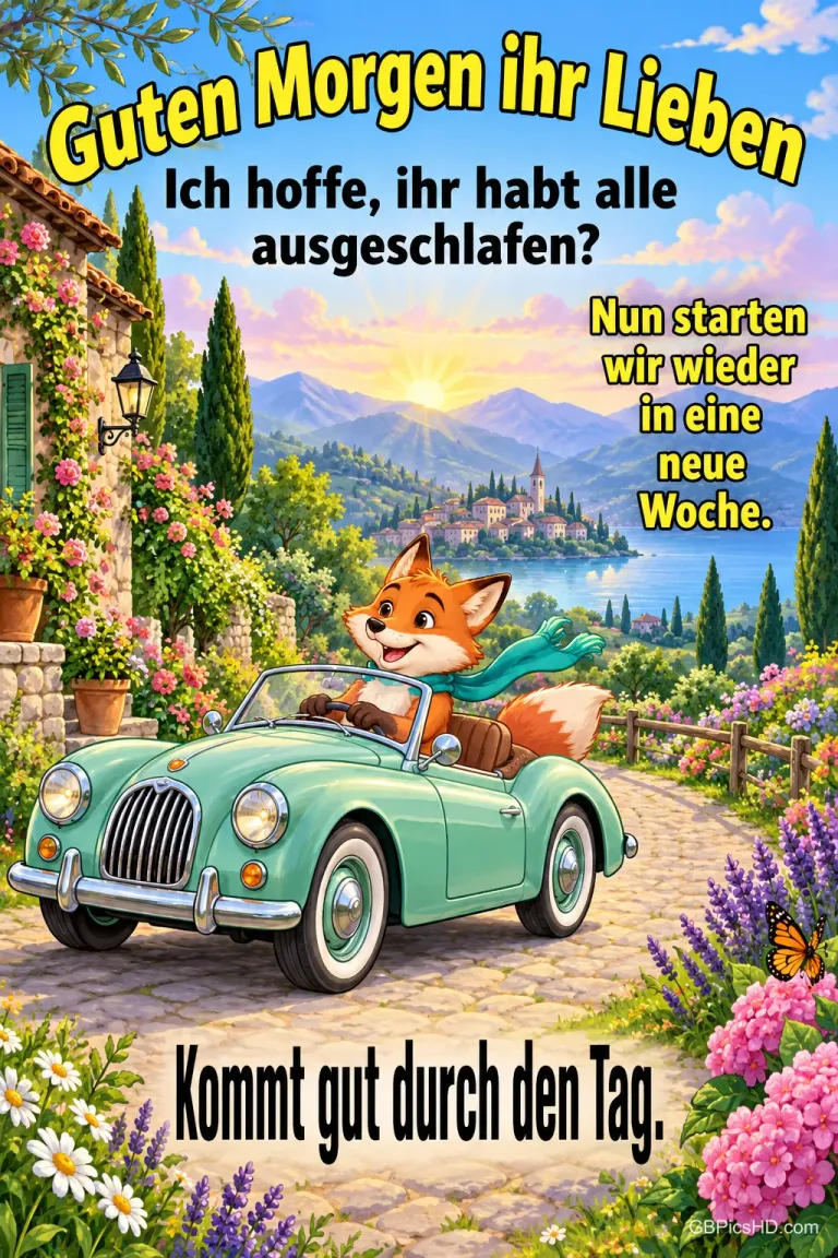 Ein Fuchs fährt im grünen Cabrio durch eine blühende Landschaft mit See und Bergen unter dem Gruß "Guten Morgen ihr Lieben".