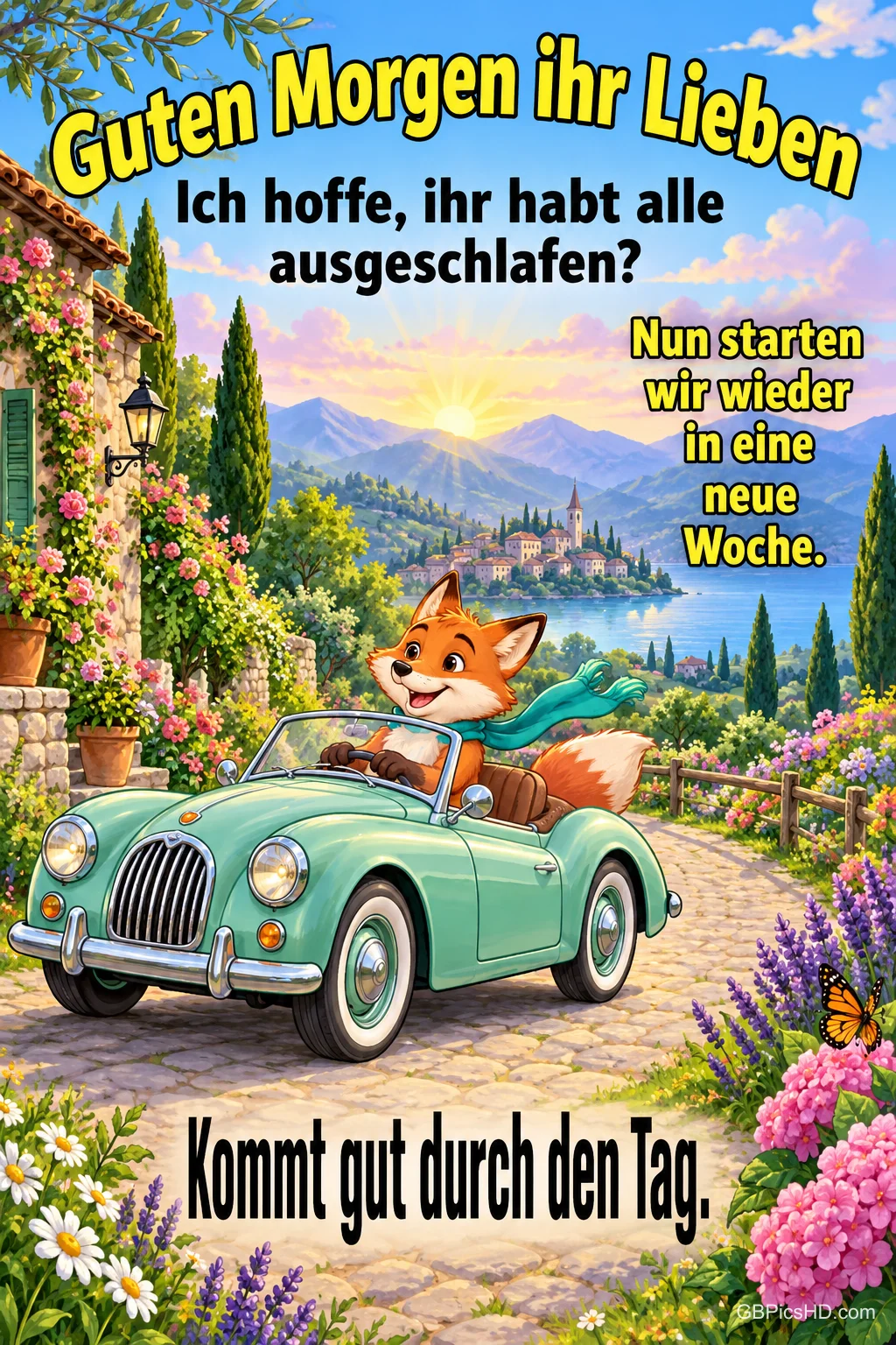 Ein Fuchs fährt im grünen Cabrio durch eine blühende Landschaft mit See und Bergen unter dem Gruß "Guten Morgen ihr Lieben".