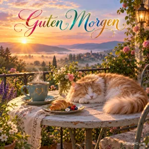 Eine Katze schläft auf einem Gartentisch neben Kaffee, Croissant und Blumen im Sonnenaufgang unter dem Gruß "Guten Morgen".