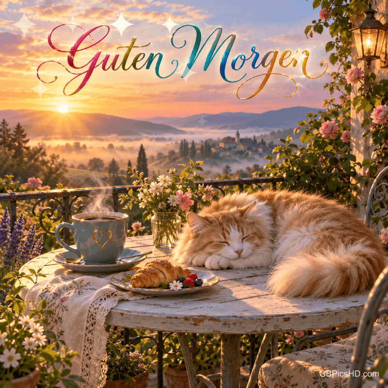 Eine Katze schläft auf einem Gartentisch neben Kaffee, Croissant und Blumen im Sonnenaufgang unter dem Gruß "Guten Morgen".