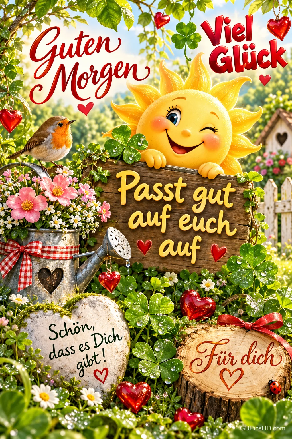 Eine lächelnde Sonne hält ein Holzschild zwischen Blumen, Kleeblättern und Herzen neben einem Rotkehlchen und dem Gruß "Guten Morgen".