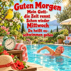 Eine Frau schwimmt im sonnigen Pool; am Rand liegen Handtuch und Hut neben einem Wecker, darüber steht "Guten Morgen".