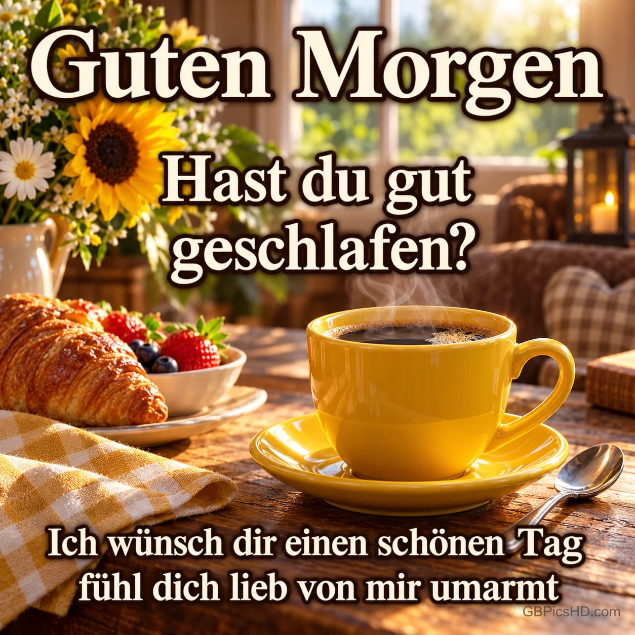 Eine gelbe Tasse Kaffee steht neben Croissant und Beeren auf einem Holztisch vor Sonnenblumen unter dem Gruß "Guten Morgen".