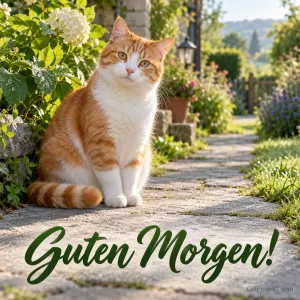 Eine rot-weiße Katze sitzt auf einem sonnigen Gartenweg zwischen blühenden Pflanzen über dem grünen Schriftzug "Guten Morgen!".
