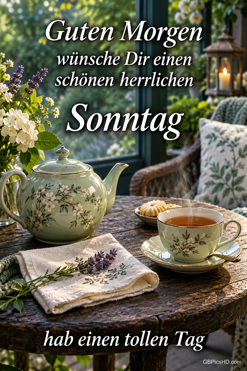 Eine geblümte Teekanne und eine Tasse stehen mit Keksen und Lavendel auf einem Gartentisch unter dem Sonntagsgruß "Guten Morgen".