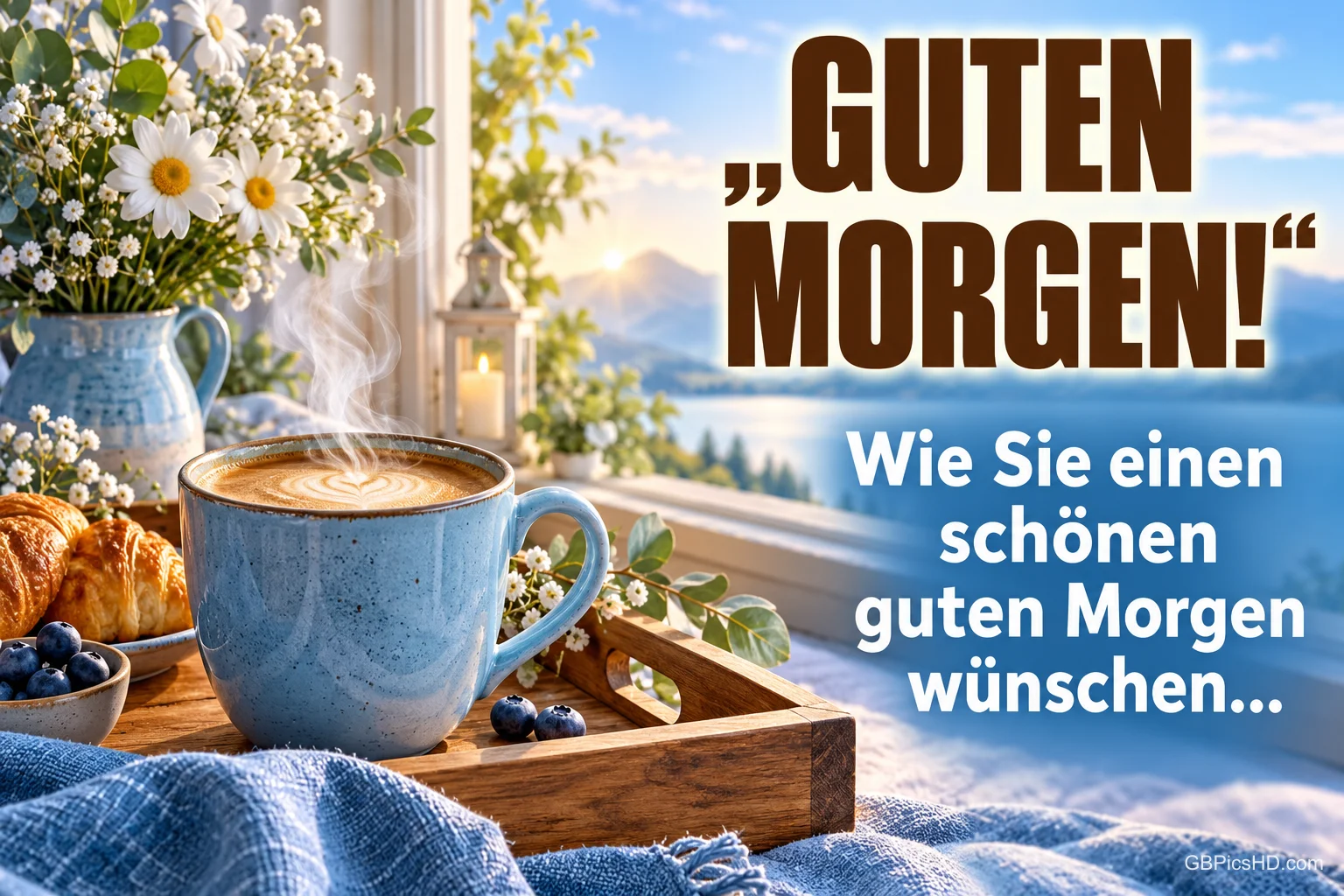 Blaue Kaffeetasse, Croissants und weiße Blumen am Fenster mit Bergblick und dem Gruß "GUTEN MORGEN!".