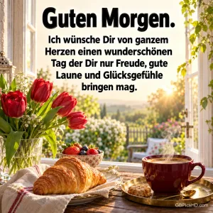 Rote Tulpen, ein Croissant, Beeren und eine dampfende Kaffeetasse am offenen Fenster mit dem Gruß "Guten Morgen.".