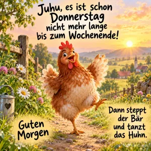 Ein fröhliches Huhn tanzt auf einem blumengesäumten Gartenweg im Sonnenaufgang neben dem Gruß "Guten Morgen".