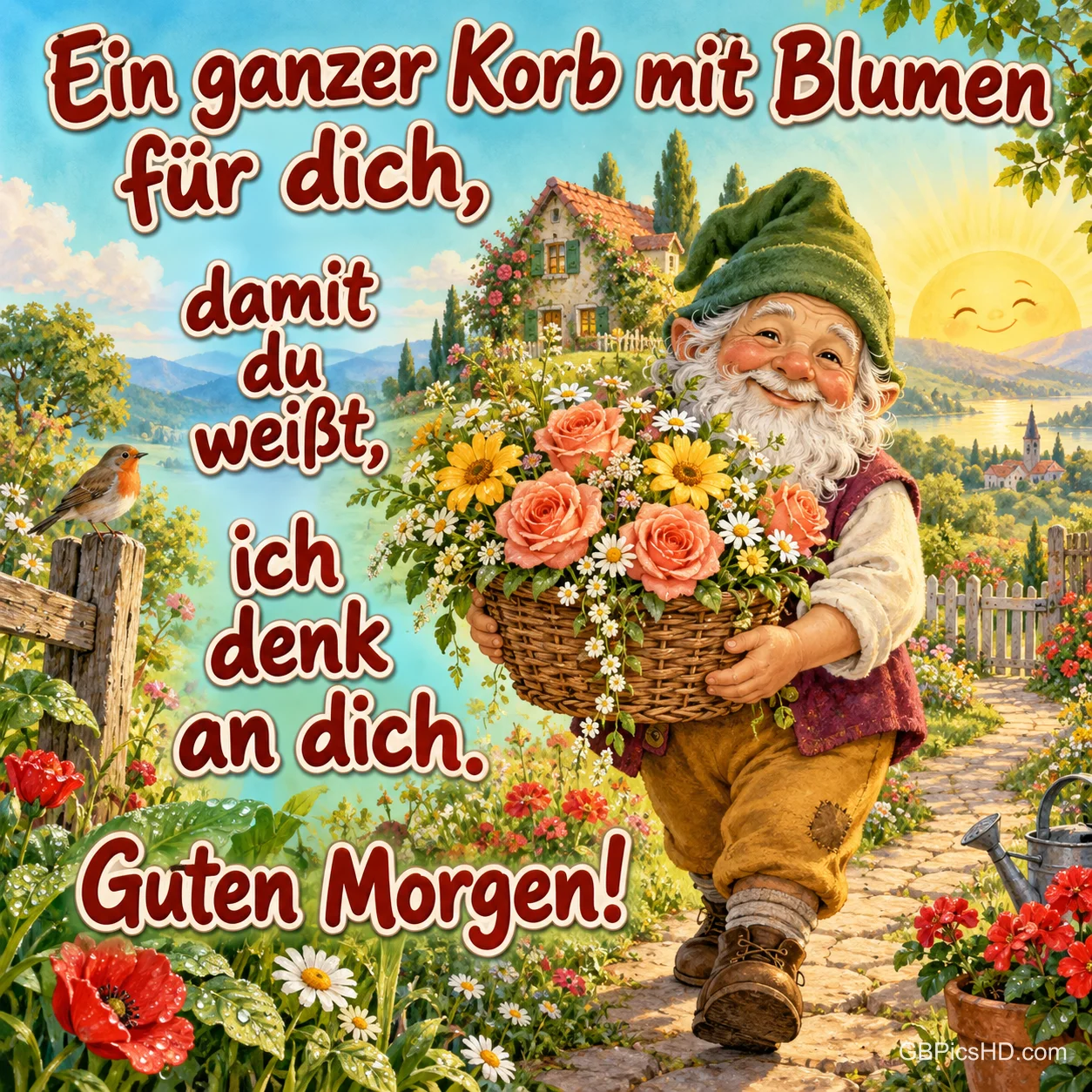 Ein lächelnder Gartenzwerg trägt einen Korb voller Blumen durch einen sonnigen Garten zum Gruß "Guten Morgen!".