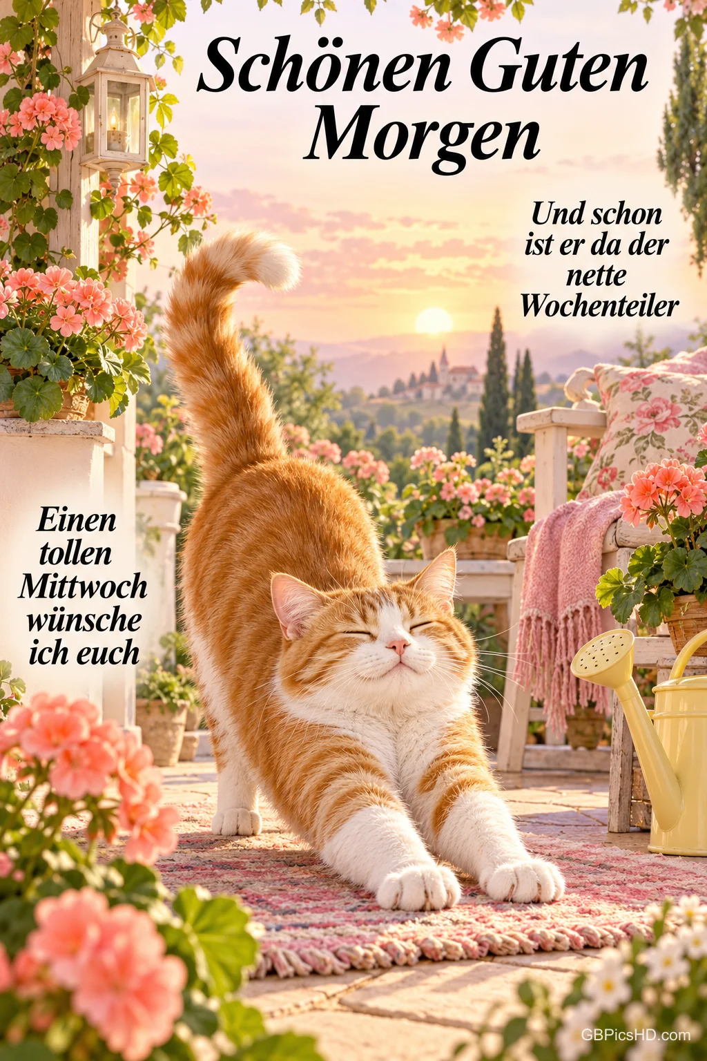 Eine rot-weiße Katze streckt sich auf einer blumengeschmückten Terrasse im Morgenlicht unter "Schönen guten Morgen".
