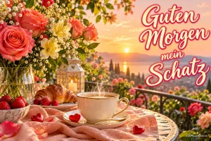 Rosen, Erdbeeren, Croissants und eine dampfende Tasse auf einem Balkontisch im Sonnenaufgang mit "Guten Morgen mein Schatz".
