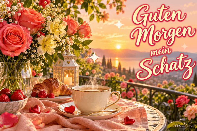 Rosen, Erdbeeren, Croissants und eine dampfende Tasse auf einem Balkontisch im Sonnenaufgang mit "Guten Morgen mein Schatz".