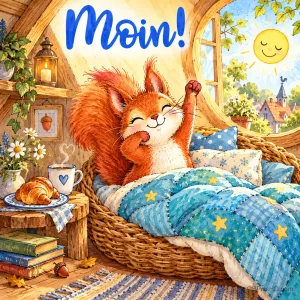 Ein Eichhörnchen streckt sich im Korbbett unter einer blauen Sternendecke; daneben stehen Kaffee und ein Croissant, darüber "Moin!".