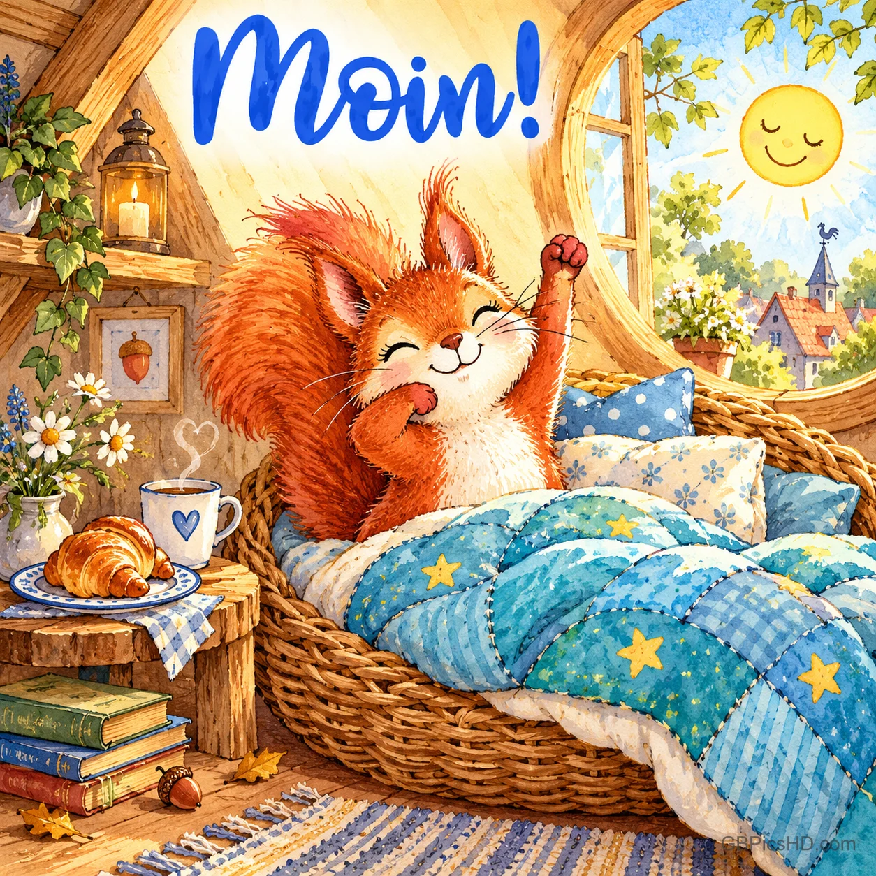 Ein Eichhörnchen streckt sich im Korbbett unter einer blauen Sternendecke; daneben stehen Kaffee und ein Croissant, darüber "Moin!".