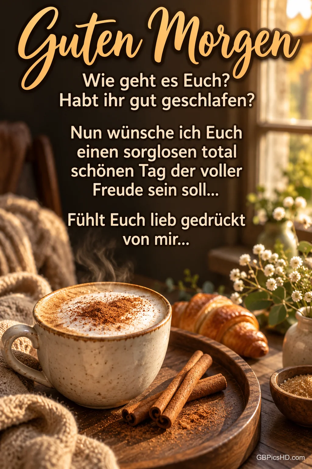Eine Tasse mit Milchschaum und Zimt steht mit Zimtstangen und Croissants im warmen Fensterlicht unter "Guten Morgen".