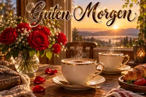 Zwei dampfende Kaffeetassen, rote Rosen und ein Croissant vor einem Fenster im Sonnenaufgang mit "Guten Morgen".