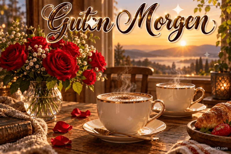 Zwei dampfende Kaffeetassen, rote Rosen und ein Croissant vor einem Fenster im Sonnenaufgang mit "Guten Morgen".