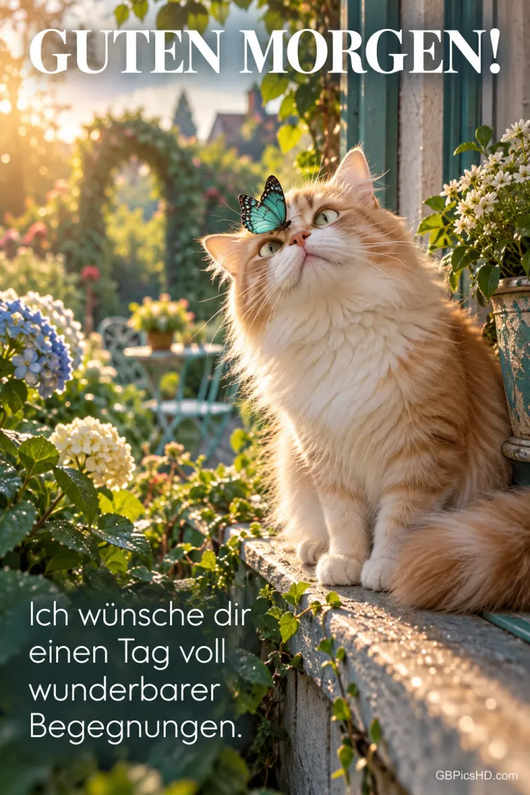 Eine flauschige rot-weiße Katze sitzt zwischen Blumen auf einer Fensterbank mit einem Schmetterling auf der Nase und "GUTEN MORGEN!".