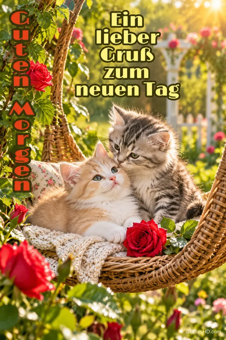 Zwei Kätzchen kuscheln in einem hängenden Korbsessel zwischen roten Rosen mit "Guten Morgen" und "Ein lieber Gruß zum neuen Tag".