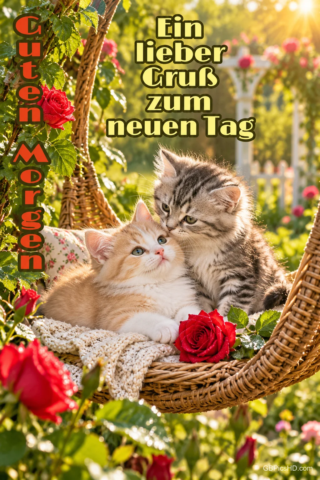 Zwei Kätzchen kuscheln in einem hängenden Korbsessel zwischen roten Rosen mit "Guten Morgen" und "Ein lieber Gruß zum neuen Tag".