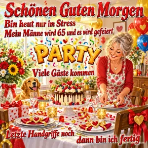 Eine Frau richtet einen festlichen Tisch mit Torte, Geschenken und Herzdekoration; ein Hund sitzt dabei, darüber "Schönen guten Morgen".