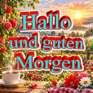 Eine dampfende Kaffeetasse zwischen Rosen und bunten Blumen bei Sonnenaufgang mit "Hallo und guten Morgen".