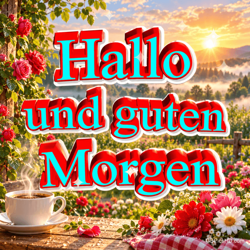 Eine dampfende Kaffeetasse zwischen Rosen und bunten Blumen bei Sonnenaufgang mit "Hallo und guten Morgen".